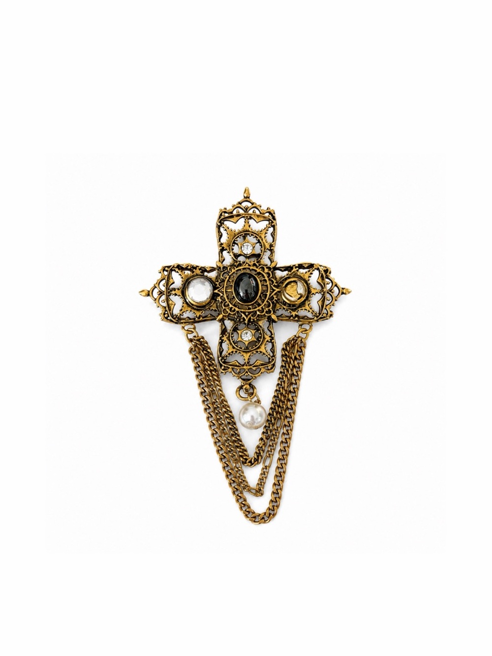 💞 2 for $15 💞 Gold-Tone Filigree Cross Brooch w/ Pearl Drop and Chain Accents